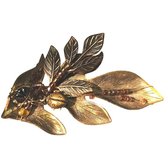 Vintage Brooch Gold-Tone Leaf W/ Ladybug & Beaded Accents Nature Approx. 3 Inch - Picture 5 of 10